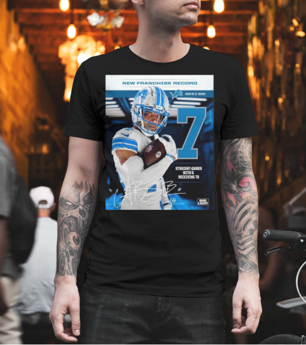 New Franchise Record Amon-Ra St Brown 7 Straight-Games With A Receiving TD Detroit Lions Bud Light T-Shirt