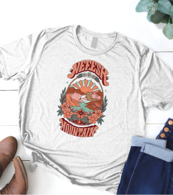 Nefesh Mountain Sunrise Scene With Cabin And Flowers T-Shirt
