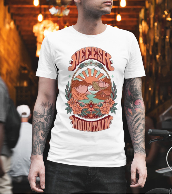 Nefesh Mountain Sunrise Scene With Cabin And Flowers T-Shirt