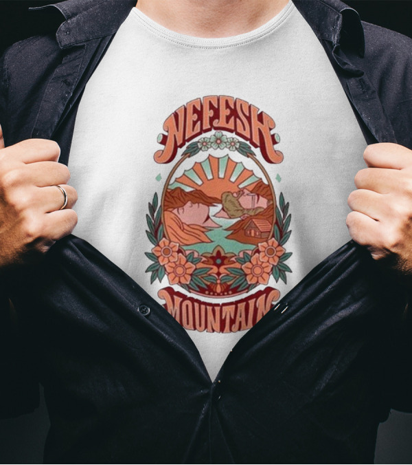 Nefesh Mountain Sunrise Scene With Cabin And Flowers T-Shirt