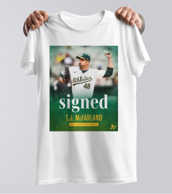 Signed T.J. McFarland Athletic A's Left-Handed Pitcher T-Shirt