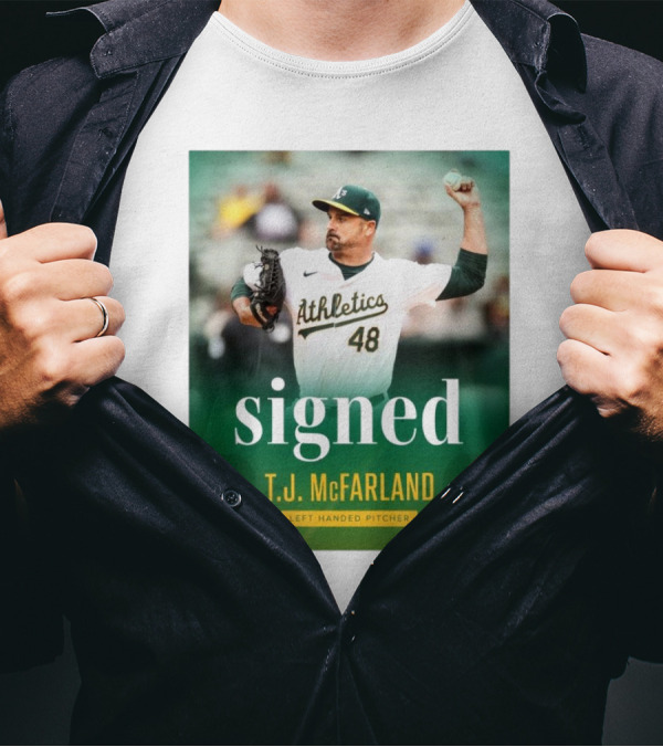 Signed T.J. McFarland Athletic A's Left-Handed Pitcher T-Shirt