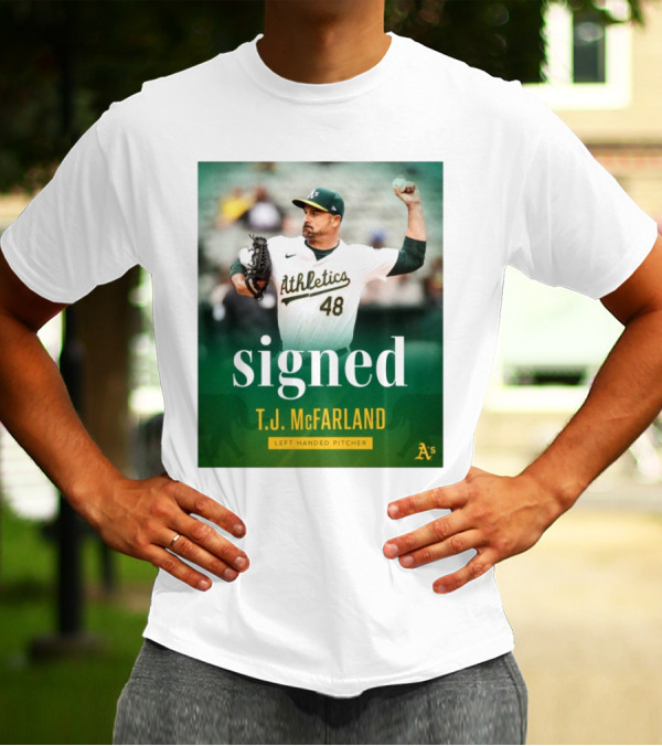 Signed T.J. McFarland Athletic A's Left-Handed Pitcher T-Shirt