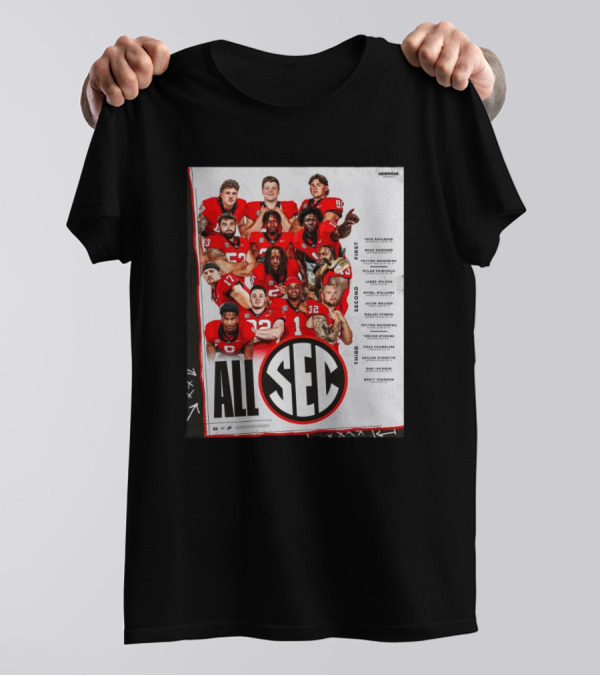 Georgia Bulldogs 2024 Football All SEC First Team Tate Ratledge Beau Gardner Peyton Woodring T-Shirt
