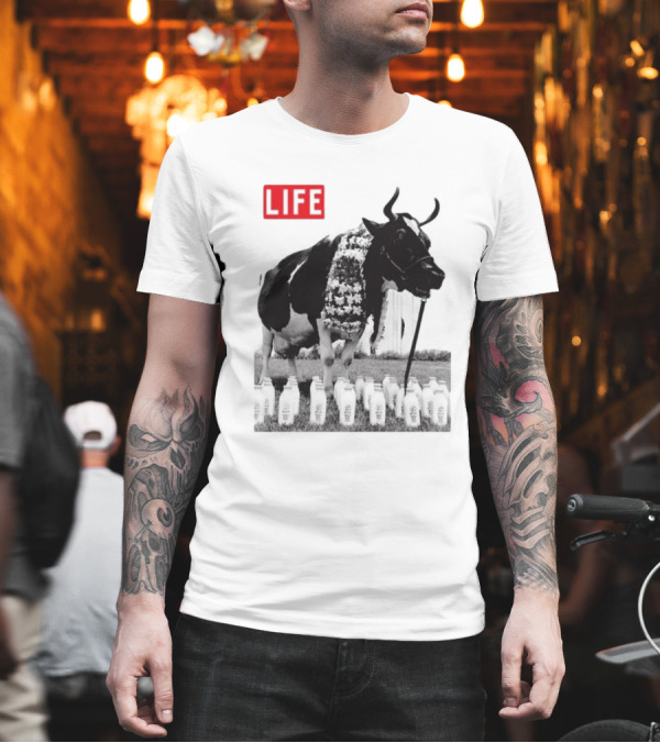Life Magazine Cow With Milk Bottles And Floral Garland T-Shirt