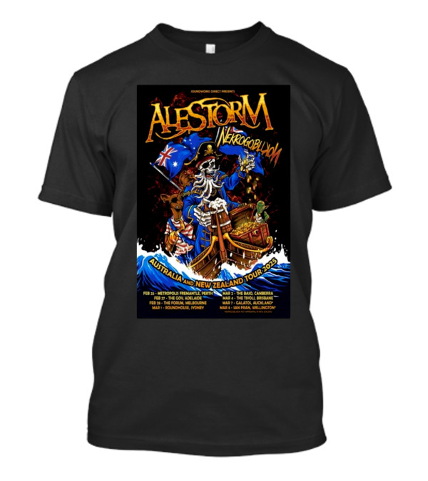 Alestorm Nekrogoblikon Australia New Zealand Tour 2025 Dates Perth Adelaide Melbourne Sydney Canberra Brisbane Auckland Wellington T-Shirt