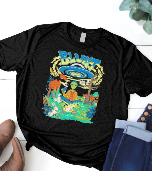 Blunt UFO Alien Smoking Forest Scene T-Shirt