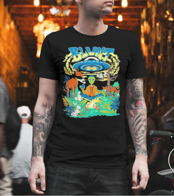Blunt UFO Alien Smoking Forest Scene T-Shirt