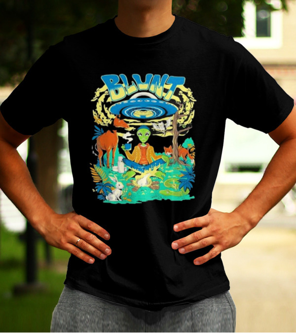 Blunt UFO Alien Smoking Forest Scene T-Shirt