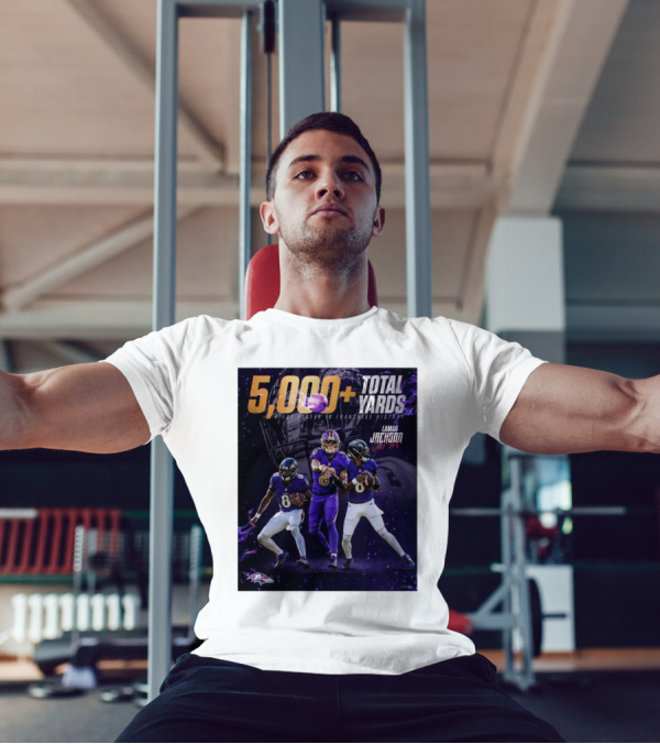 Baltimore Ravens Lamar Jackson 5000+ Total Yards First Player In Franchise History Signature NFL T-Shirt