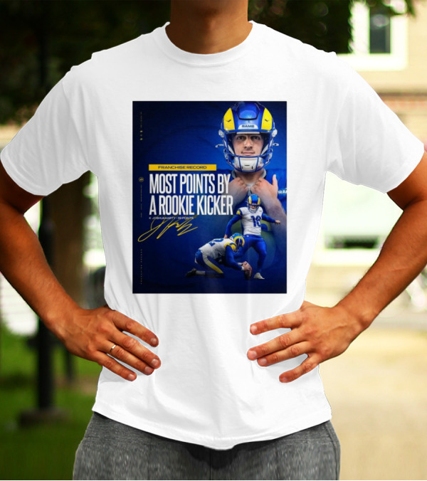 Franchise Record Most Points By A Rookie Kicker K Joshua Karty 119 Points Los Angeles Rams Signature T-Shirt
