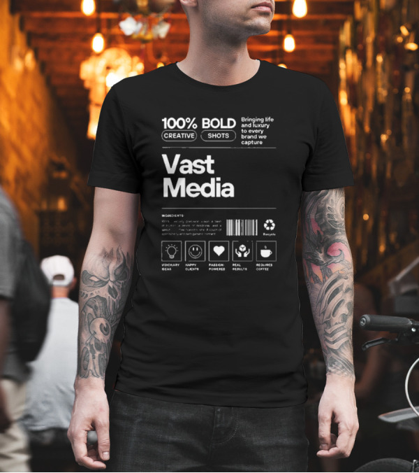 100% Bold Creative Shots Bringing Life And Luxury To Every Brand We Capture Vast Media Visionary Ideas Happy Clients Passion-Powered Real Results Requires Coffee T-Shirt