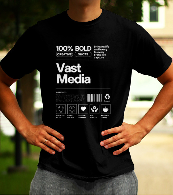 100% Bold Creative Shots Bringing Life And Luxury To Every Brand We Capture Vast Media Visionary Ideas Happy Clients Passion-Powered Real Results Requires Coffee T-Shirt