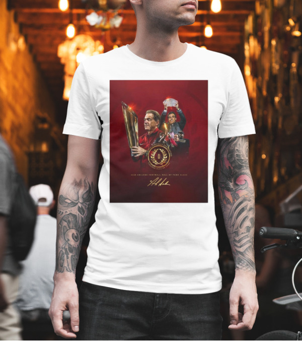 Alabama Crimson Tide Coach Nick Saban 2025 College Football Hall Of Fame Class With Trophy And Signature T-Shirt