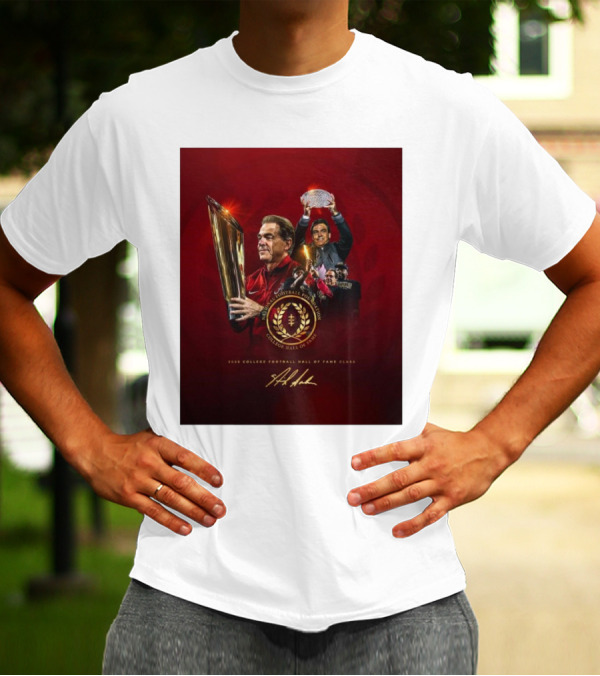 Alabama Crimson Tide Coach Nick Saban 2025 College Football Hall Of Fame Class With Trophy And Signature T-Shirt