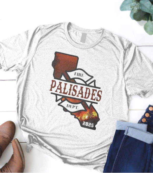 California Republic Fire Palisades Dept 2025 Map Silhouette With Flames T-Shirt
