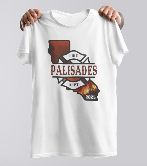 California Republic Fire Palisades Dept 2025 Map Silhouette With Flames T-Shirt