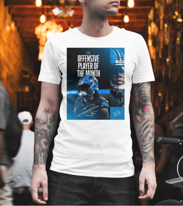 Detroit Lions Jahmyr Gibbs Offensive Player Of The Month Signature T-Shirt