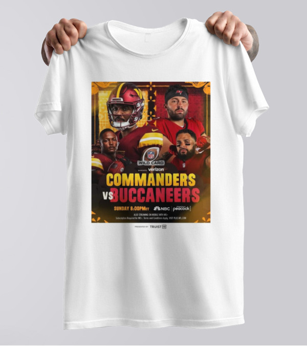 NFL Wild Card Matchup Commanders Vs Buccaneers Featuring Jayden Daniels And Baker Mayfield Battle For Divisional Round Qualification T-Shirt