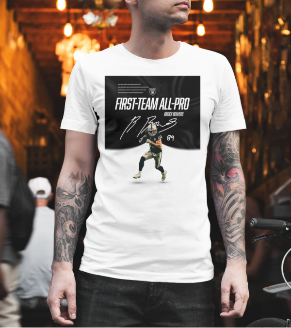 Las Vegas Raiders Brock Bowers First-Team All-Pro Signature 89 NFL Rookie Record Receptions T-Shirt