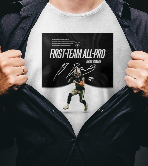 Las Vegas Raiders Brock Bowers First-Team All-Pro Signature 89 NFL Rookie Record Receptions T-Shirt