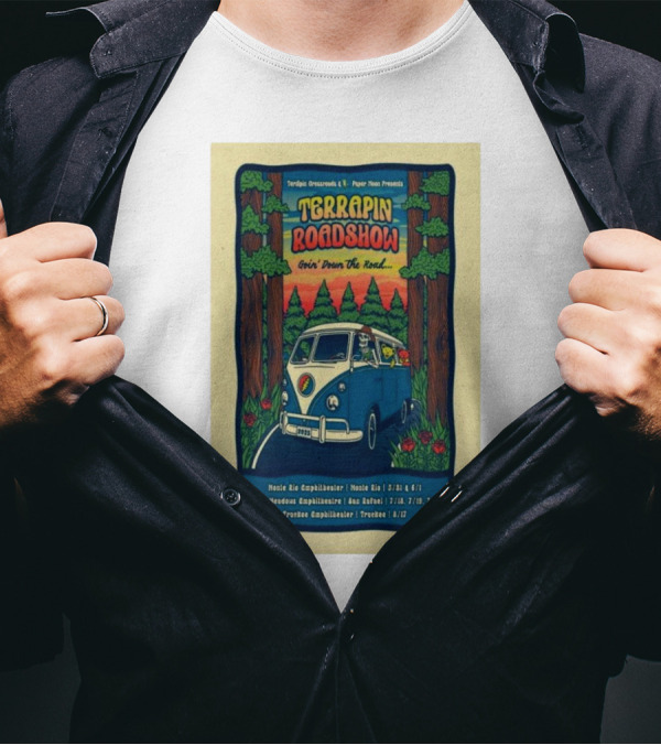 Terrapin Roadshow 2025 Goin’ Down The Road Tour Poster Featuring Retro Van And Forest Scene T-Shirt