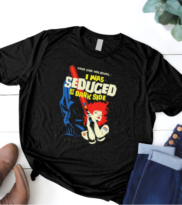 I Was Seduced By The Dark Side Cartoon Darth Vader And Redhead Woman T-Shirt