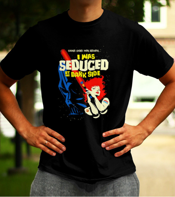 I Was Seduced By The Dark Side Cartoon Darth Vader And Redhead Woman T-Shirt