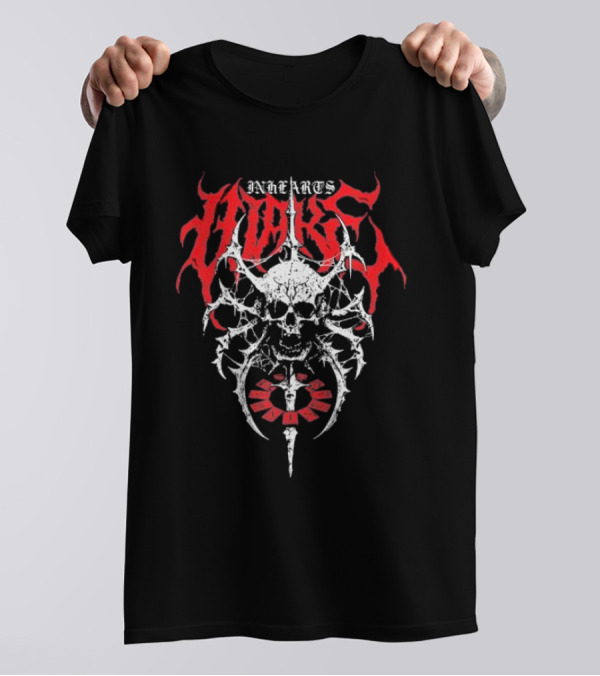 In Hearts Wake Skeletal Skull Red Text T-Shirt