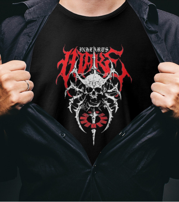 In Hearts Wake Skeletal Skull Red Text T-Shirt