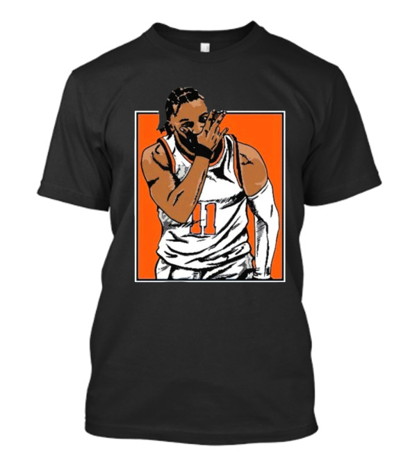 Jalen Brunson Number 11 Knicks Celebration Gesture Orange Background T-Shirt