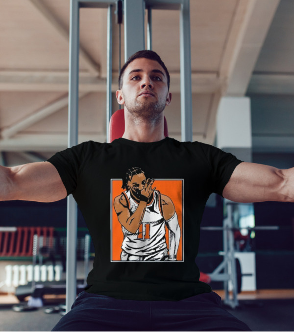 Jalen Brunson Number 11 Knicks Celebration Gesture Orange Background T-Shirt