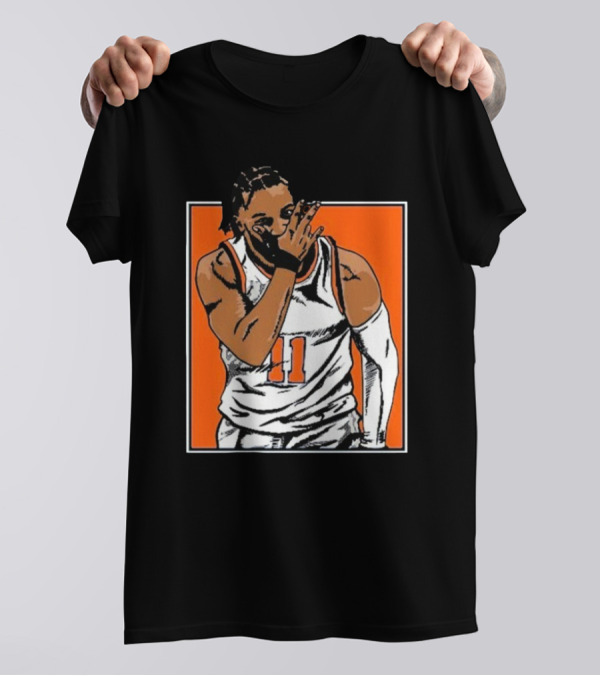 Jalen Brunson Number 11 Knicks Celebration Gesture Orange Background T-Shirt