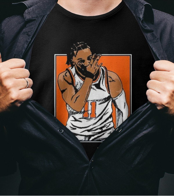 Jalen Brunson Number 11 Knicks Celebration Gesture Orange Background T-Shirt