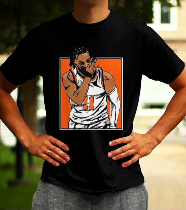 Jalen Brunson Number 11 Knicks Celebration Gesture Orange Background T-Shirt