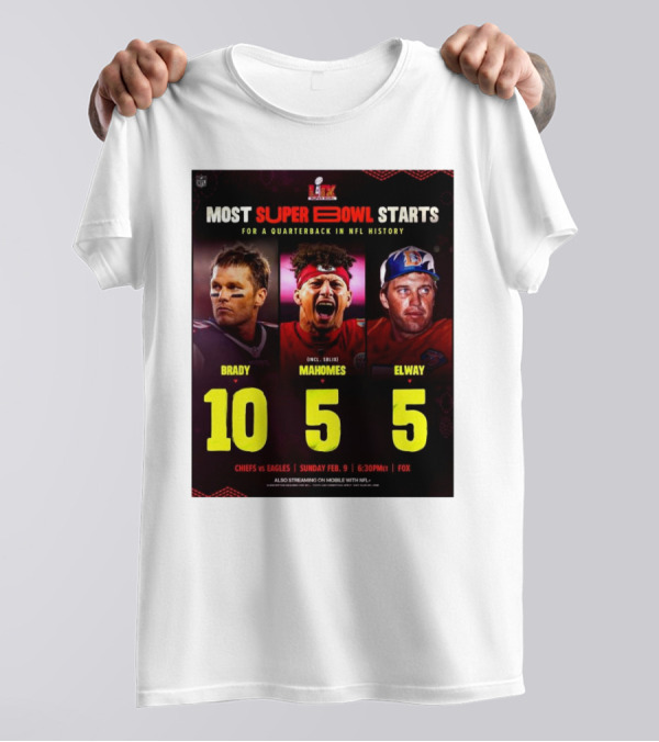 Most Super Bowl Starts For A Quarterback In NFL History Brady 10 Mahomes 5 Elway 5 Chiefs Vs Eagles Feb 9 6:30 PM Fox T-Shirt