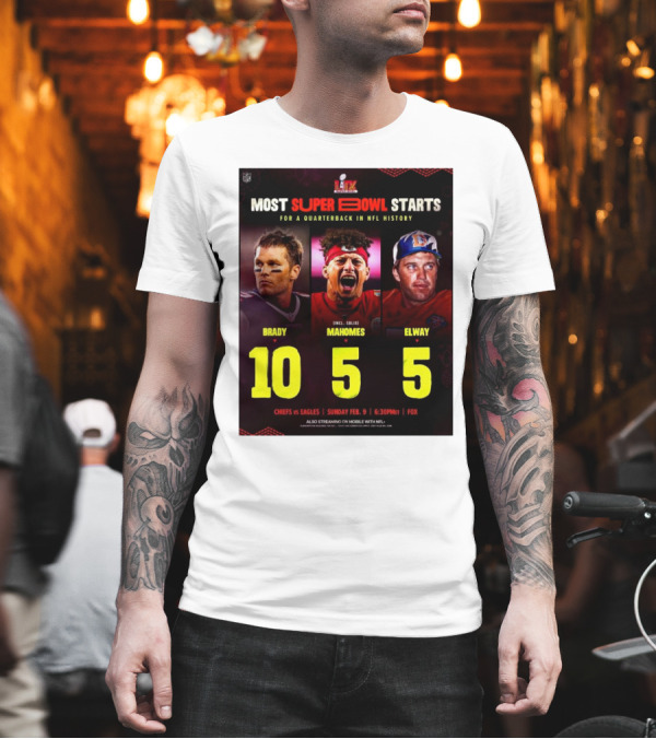 Most Super Bowl Starts For A Quarterback In NFL History Brady 10 Mahomes 5 Elway 5 Chiefs Vs Eagles Feb 9 6:30 PM Fox T-Shirt
