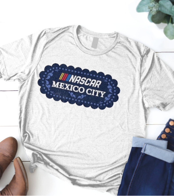 NASCAR Mexico City Scalloped Emblem With Colorful Stripes On Blue Background T-Shirt