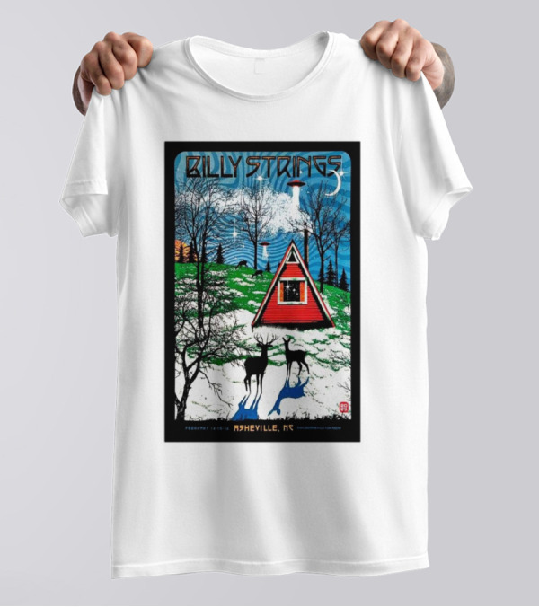 Billy Strings February 14-16 2025 ExploreAsheville.com Arena Asheville NC Cabin Scene With UFO And Deer T-Shirt