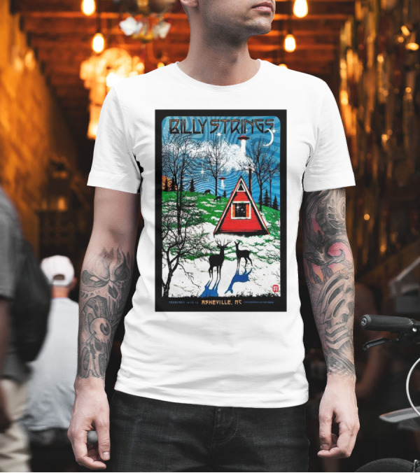 Billy Strings February 14-16 2025 ExploreAsheville.com Arena Asheville NC Cabin Scene With UFO And Deer T-Shirt