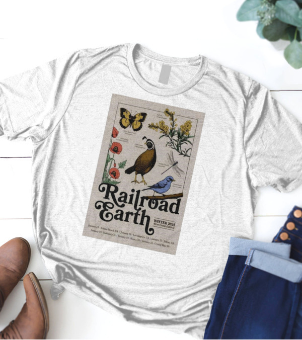 Railroad Earth Winter 2025 West Coast Edition Tour Solana Beach Los Angeles Felton Oakland Napa Crystal Bay T-Shirt