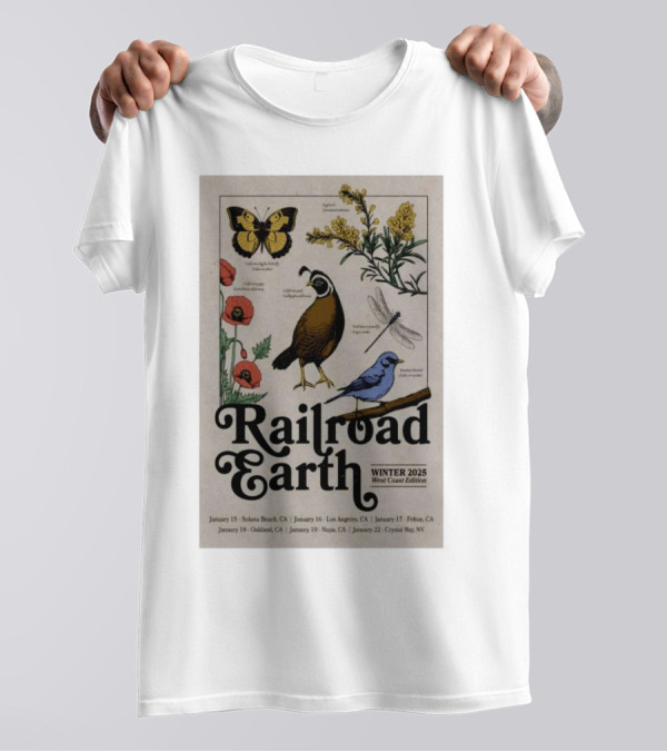 Railroad Earth Winter 2025 West Coast Edition Tour Solana Beach Los Angeles Felton Oakland Napa Crystal Bay T-Shirt