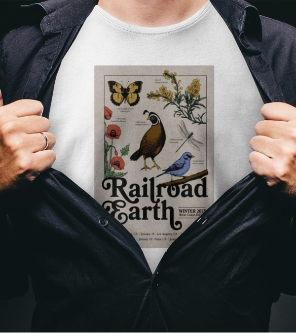 Railroad Earth Winter 2025 West Coast Edition Tour Solana Beach Los Angeles Felton Oakland Napa Crystal Bay T-Shirt