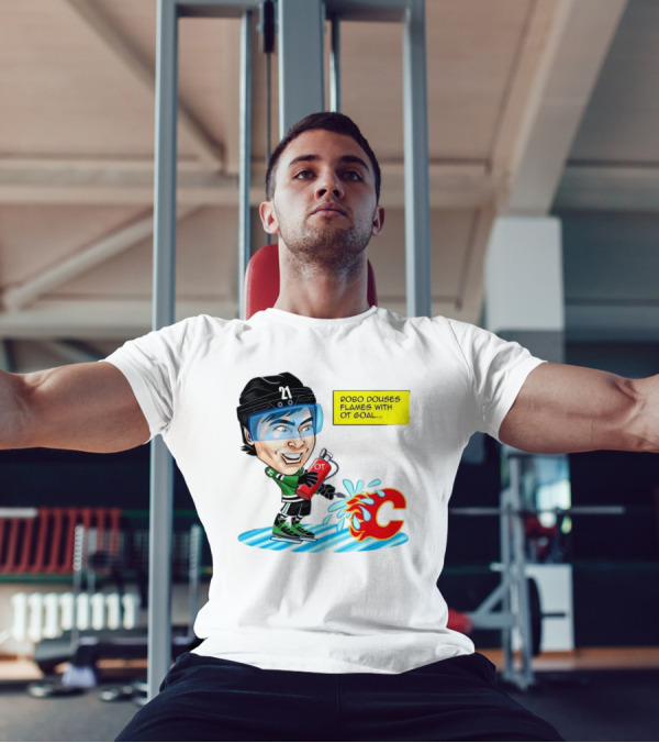 Robo Douses Flames With OT Goal Hockey Player Cartoon Extinguishing Calgary Flame Logo T-Shirt