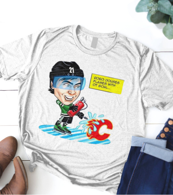 Robo Douses Flames With OT Goal Hockey Player Cartoon Extinguishing Calgary Flame Logo T-Shirt