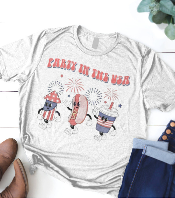 Party In The USA Fireworks Hot Dog Rocket Drink 4th Of July T-Shirt