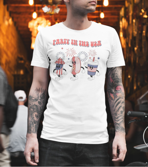 Party In The USA Fireworks Hot Dog Rocket Drink 4th Of July T-Shirt