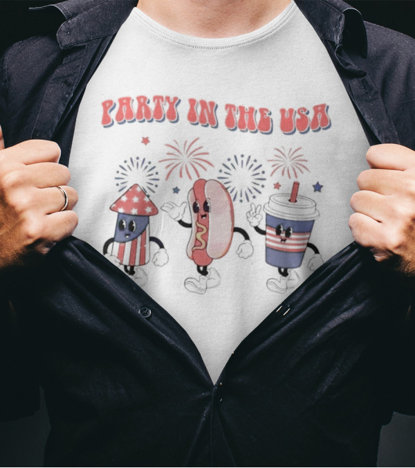Party In The USA Fireworks Hot Dog Rocket Drink 4th Of July T-Shirt
