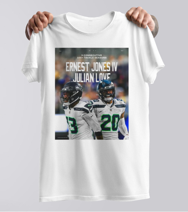 Seattle Seahawks Ernest Jones IV Julian Love 3 Consecutive 100+ Tackle Seasons T-Shirt