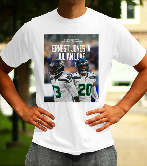 Seattle Seahawks Ernest Jones IV Julian Love 3 Consecutive 100+ Tackle Seasons T-Shirt
